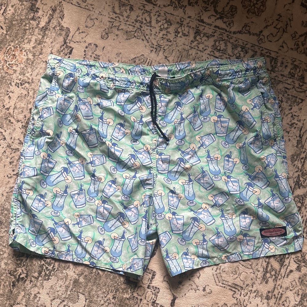 Vineyard Vines Light Green Swim Shorts with Blue Cocktail Print